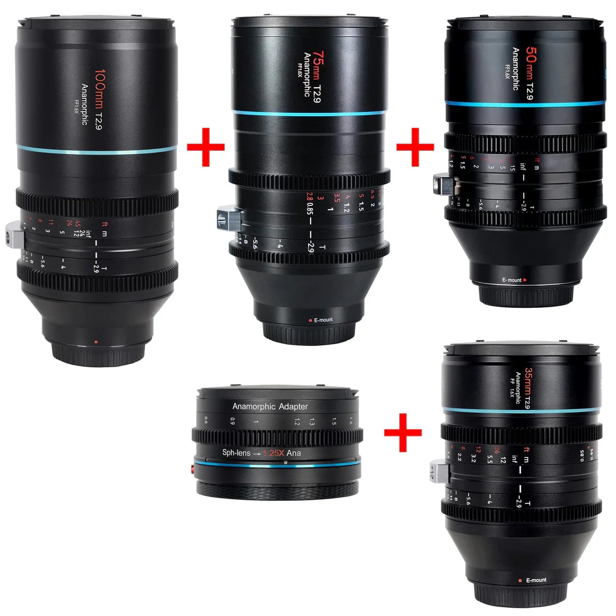 B-WARE SIRUI Venus Vollformat-Anamorphic-Kinoobjektiv B-WARE, Anamorphic lenses including 100mm, 75mm, 50mm, and adapter.