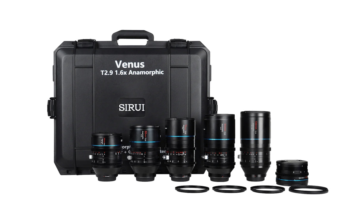 B-WARE SIRUI Venus Vollformat-Anamorphic-Kinoobjektiv B-WARE set with lenses and case.