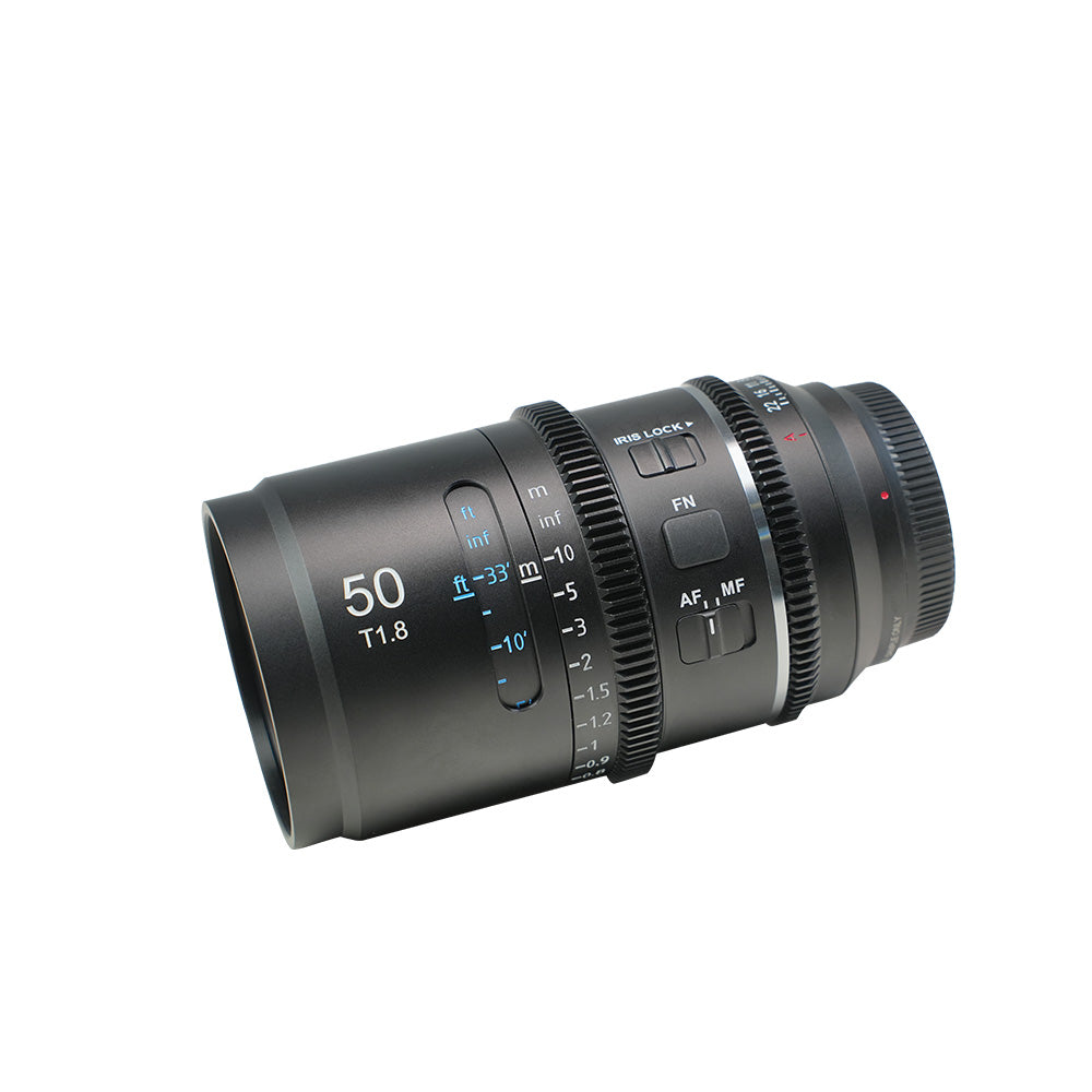 SIRUI Astra Series 1.33x Full Frame Auto Focus Anamorphic Cine Lens 50mm T1.8 showing controls and markings.