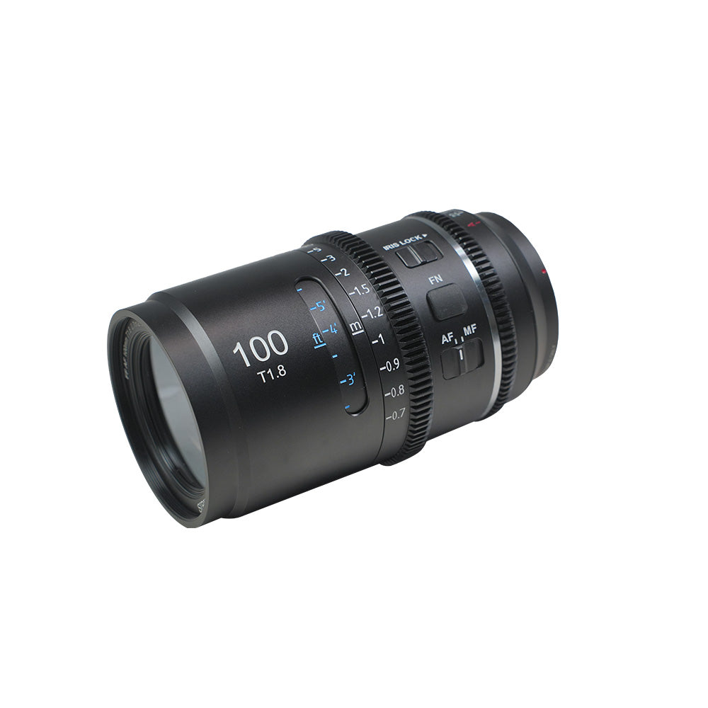 SIRUI Astra Series 1.33x Full Frame Auto Focus Anamorphic Cine Lens 100mm T1.8 with focus and aperture markings.
