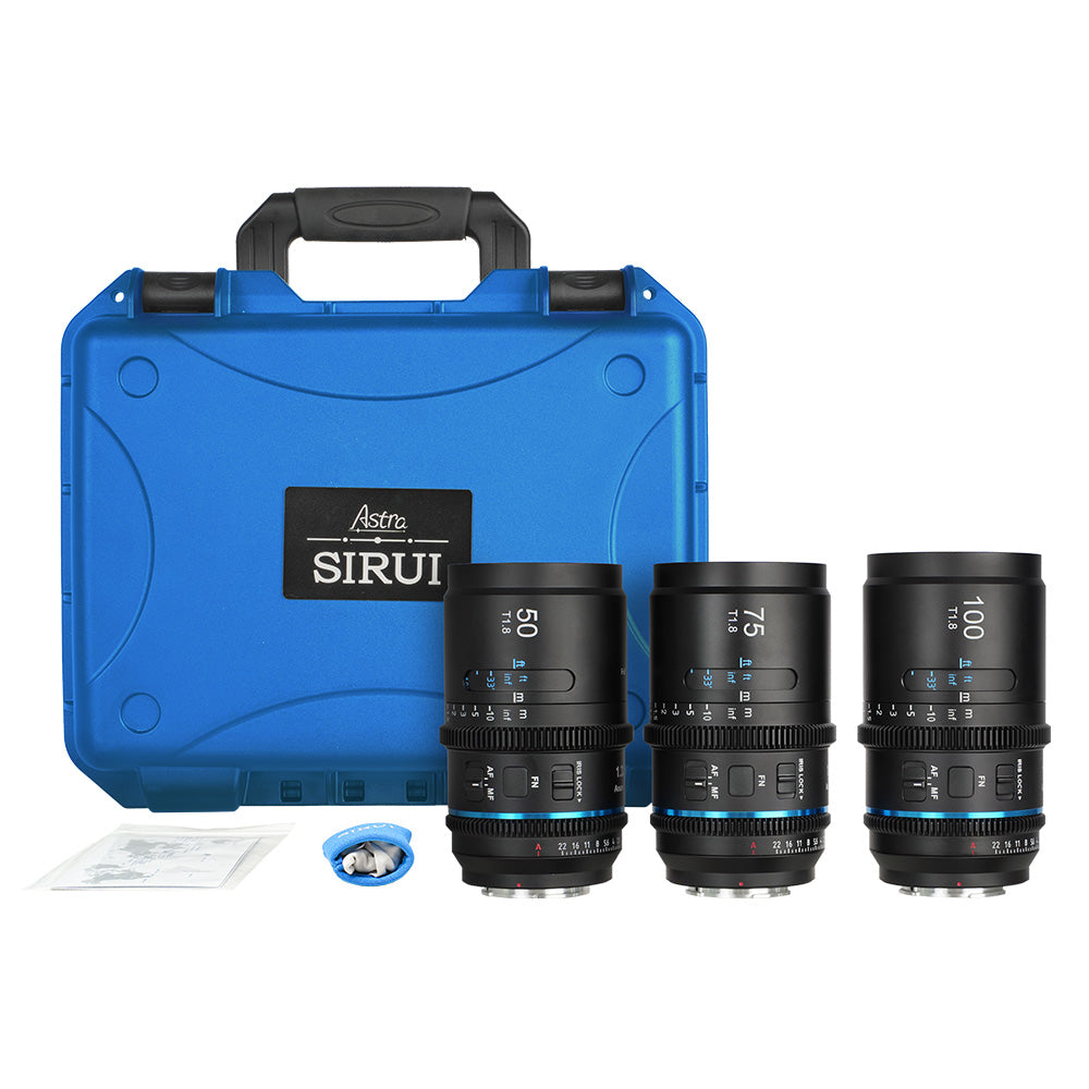 SIRUI Astra Series 1.33x Full Frame Auto Focus Anamorphic Cine Lens set with blue case and three lenses.