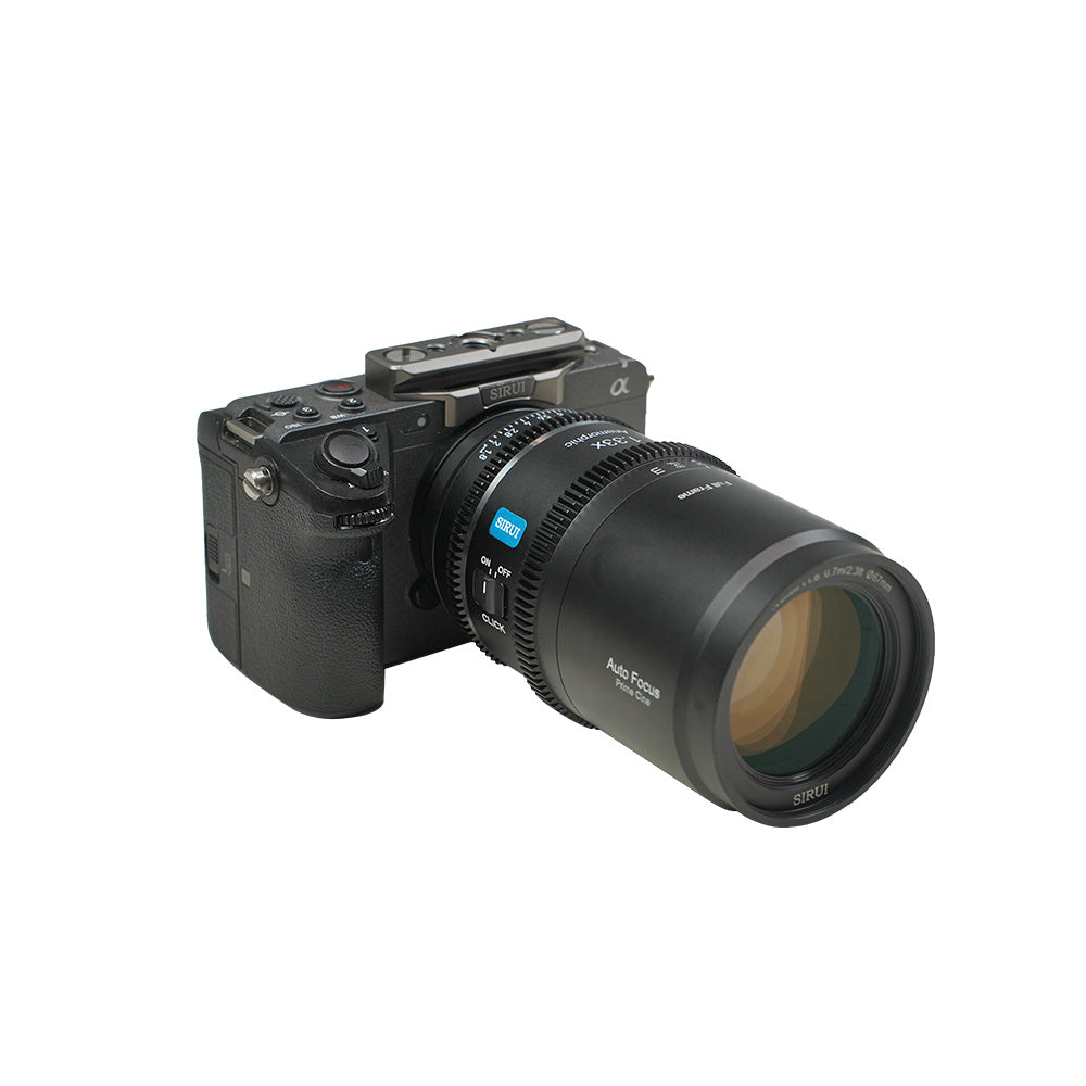 SIRUI Astra Series 1.33x Full Frame Auto Focus Anamorphic Cine Lens attached to a camera