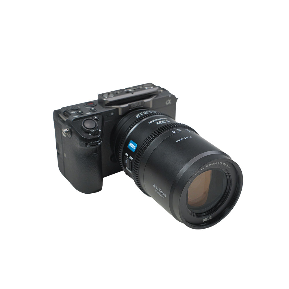 SIRUI Astra Series 1.33x Full Frame Auto Focus Anamorphic Cine Lens mounted on a Sony camera