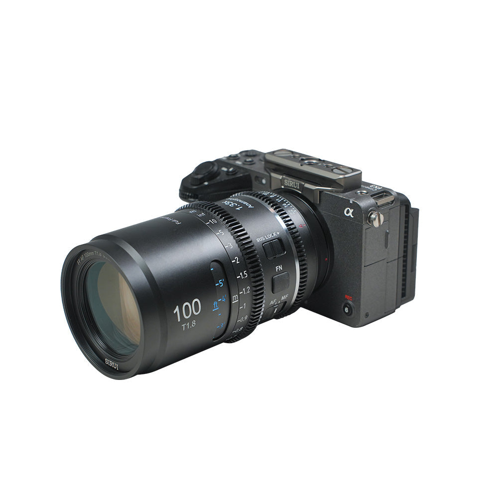 SIRUI Astra Series 1.33x Full Frame Auto Focus Anamorphic Cine Lens mounted on a camera body.