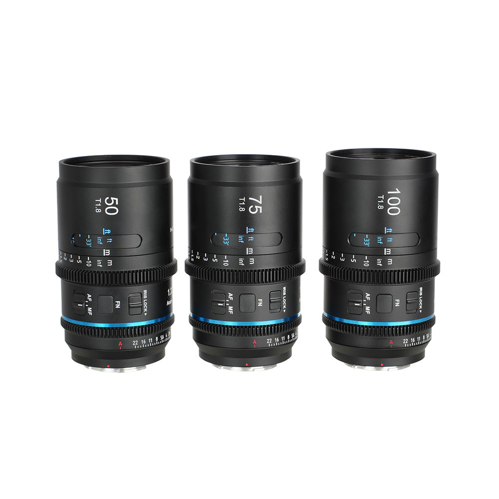 SIRUI Astra Series 1.33x Full Frame Auto Focus Anamorphic Cine Lens set of 50mm, 75mm, and 100mm T1.8 lenses.