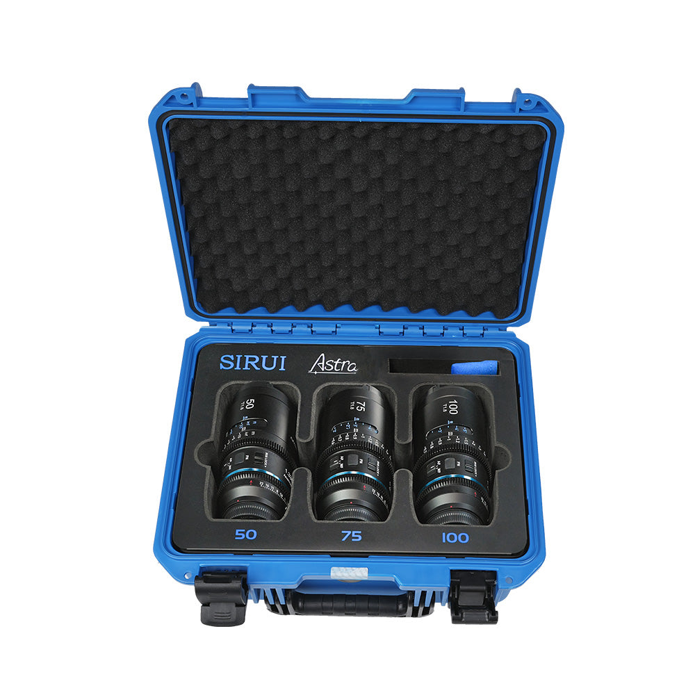 SIRUI Astra Series 1.33x Full Frame Auto Focus Anamorphic Cine Lens set in blue protective case with 50mm, 75mm, 100mm lenses