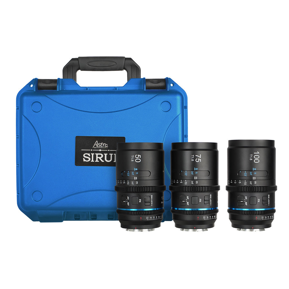 SIRUI Astra Series 1.33x Full Frame Auto Focus Anamorphic Cine Lens set with blue case and three lenses.