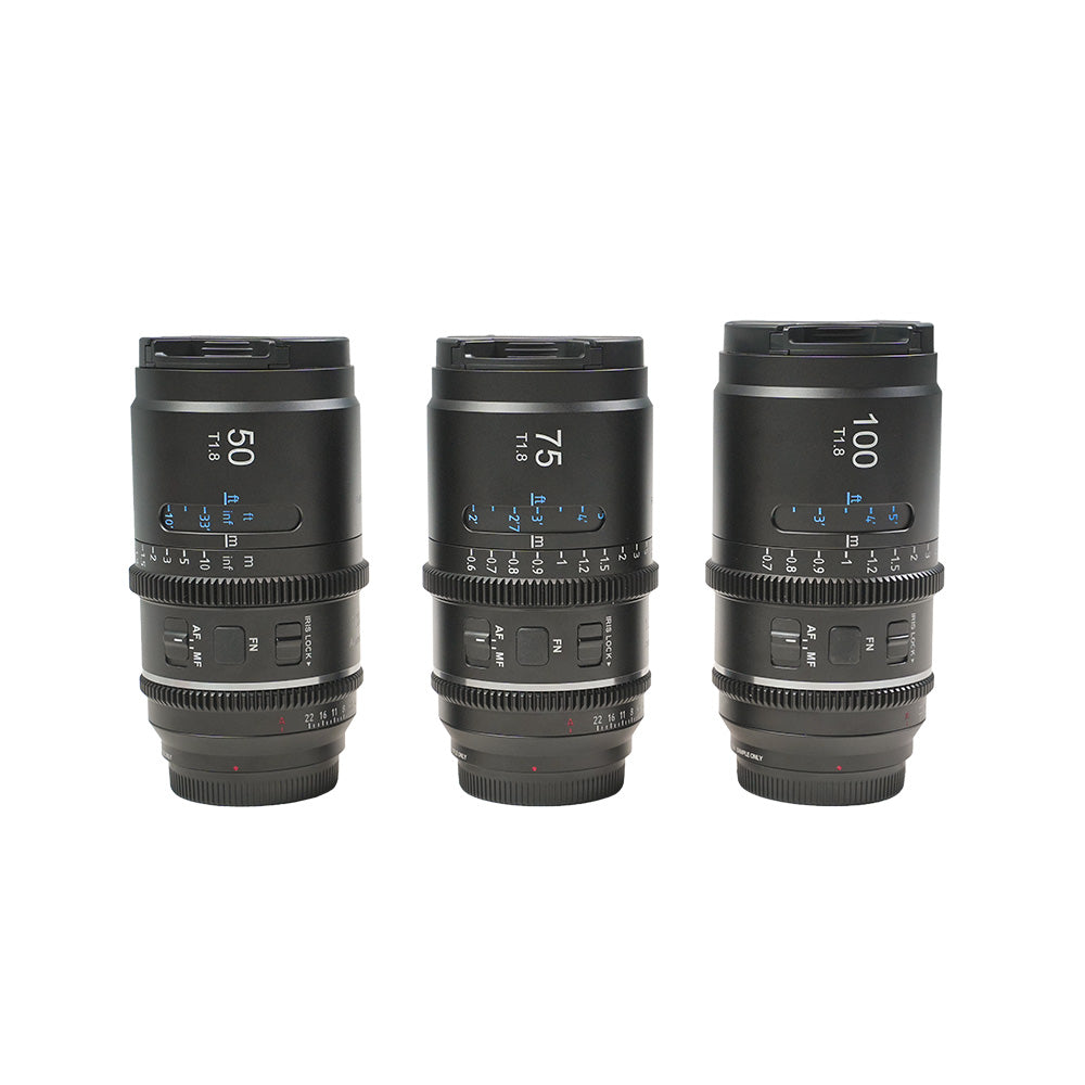 SIRUI Astra Series 1.33x Full Frame Auto Focus Anamorphic Cine Lens set of 50mm, 75mm, 100mm T1.8 lenses