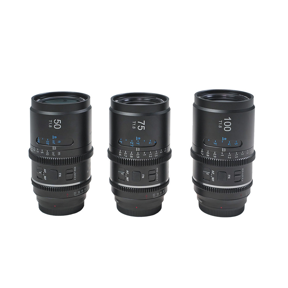 SIRUI Astra Series 1.33x Full Frame Auto Focus Anamorphic Cine Lens set of 50mm, 75mm, and 100mm T1.8